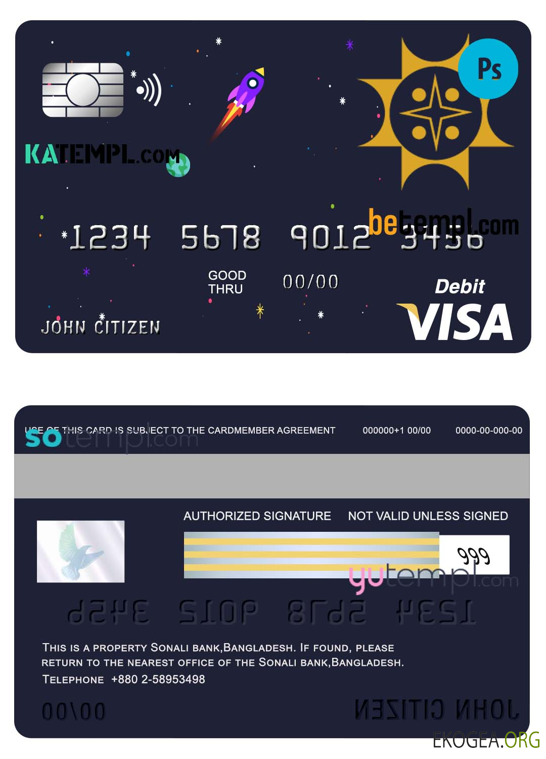 Modèle de carte de débit de carte visa Bangladesh Sonali Bank au format PSD, entièrement modifiable